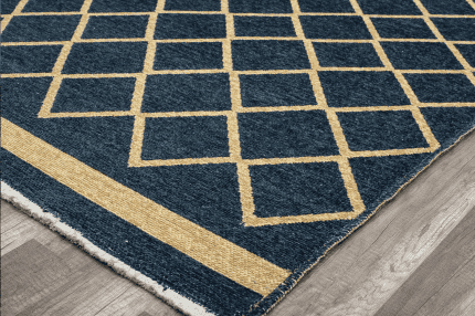 Alfombra de comedor con diseño en azul marino y detalles en beige, perfecta para decorar con estilo moderno y elegante en cualquier espacio.