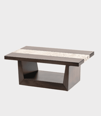 Declaración de texto alternativa: Mesa de centro moderna con base de madera oscura y tablero de piedra natural en tonos cremosos y grises, estilo elegante y funcional.
