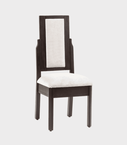 Silla de comedor con estructura de madera de color oscuro y respaldo y asiento tapizados en tela clara, ideal para espacios de comedor elegantes y confortables.