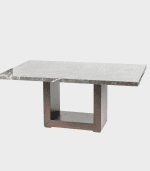 Mesa de comedor moderna con top de mármol gris y base metálica en forma de rectángulo. Diseño elegante y funcional, ideal para espacios contemporáneos. Perfecta para reuniones y cenas elegantes.