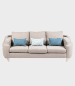 Sofá beige de 3 plazas con cojines decorativos azules y un cojín central con patrón geométrico en tonos claros, ideal para salas de estar elegantes y cómodas.
