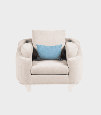 Butaca de diseño en color beige con cojín azul, perfecta para decorar y crear un ambiente cómodo en cualquier espacio. Ideal para salones, oficinas o waiting rooms. Calidad y estilo en un solo mueble.