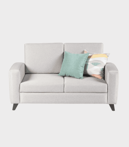 Sofá gris con cojines decorativos en tonos pastel, ideal para salas de estar modernas y elegantes en zonas de muebles y decoración.