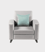 Butaca moderna gris con cojín azul en zona muebles, ideal para salón, oficina o recibidor, que combina comodidad y estilo en tu decoración.