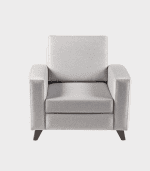 Sofá de estilo moderno en color gris claro, con tapizado de tela, brazos rectos y patas cortas en madera oscura. Perfecto para sala de estar o oficina.