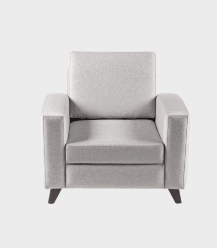 Sofá de estilo moderno en color gris claro, con tapizado de tela, brazos rectos y patas cortas en madera oscura. Perfecto para sala de estar o oficina.