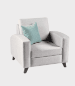 Butaca moderna en gris claro con cojín azul, ideal para decorar y crear ambientes acogedores en cualquier espacio.