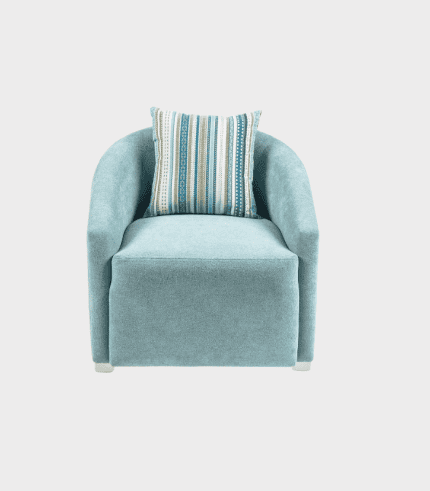 Azul, sofá de relax de un asiento con cojín decorativo con rayas y motivos étnicos, mueble cómodo para sala de estar o lectura, estilo moderno y acogedor, en colores suaves y tejidos de calidad.