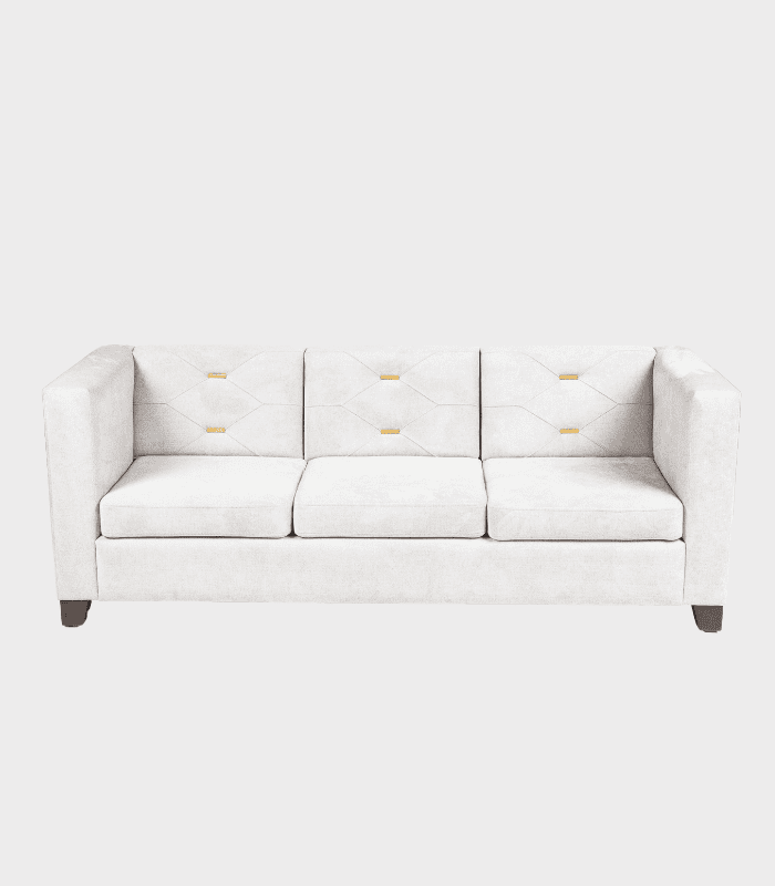White upholstered sofa, modern living room furniture with clean lines and plush cushions for a comfortable seating experience.