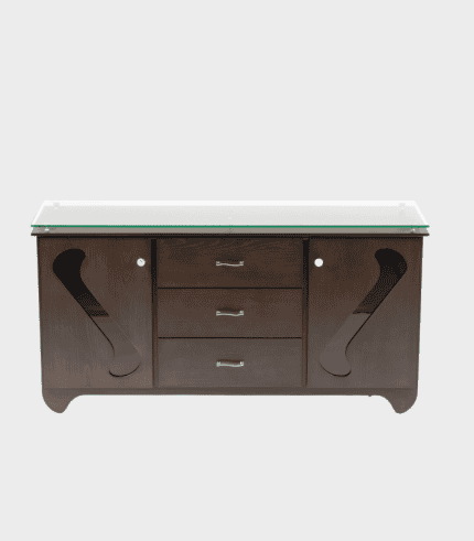 Mueble de madera con cristal en la parte superior, perfecto para oficina o sala de estar, con cajones y espacio para decoraciones, complementa la decoración de tu hogar con estilo.