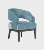 Sillón de estilo moderno con estructura de madera pintada en negro y tapizado en tela azul claro, ideal para decorar espacios elegantes y cómodos.