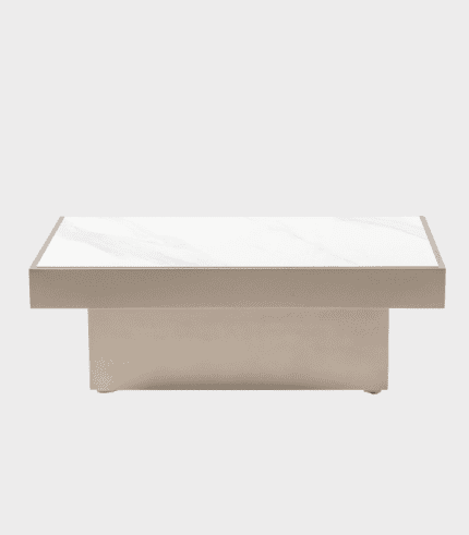 Mesas de centro de diseño elegante con acabado en mármol y base en tonos neutros, ideales para complementar la decoración de salas modernas y sofisticadas.