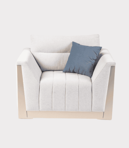 Butaca moderna en color beige con cojín azul oscuro, perfecta para salas de estar y oficinas. diseño elegante, confortable y resistente, ideal para decorar cualquier espacio.