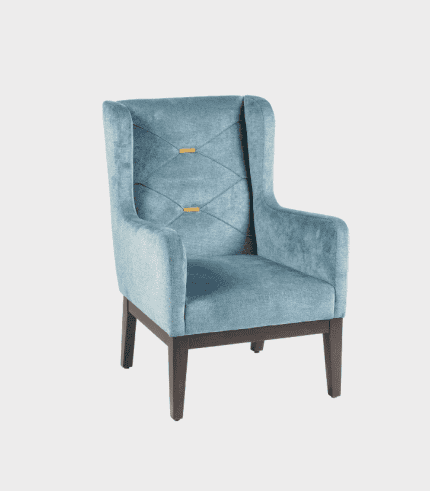 Silla de oficina con respaldo alto y tapizado en tela azul, estilo elegante y cómodo para decorar espacios modernos.