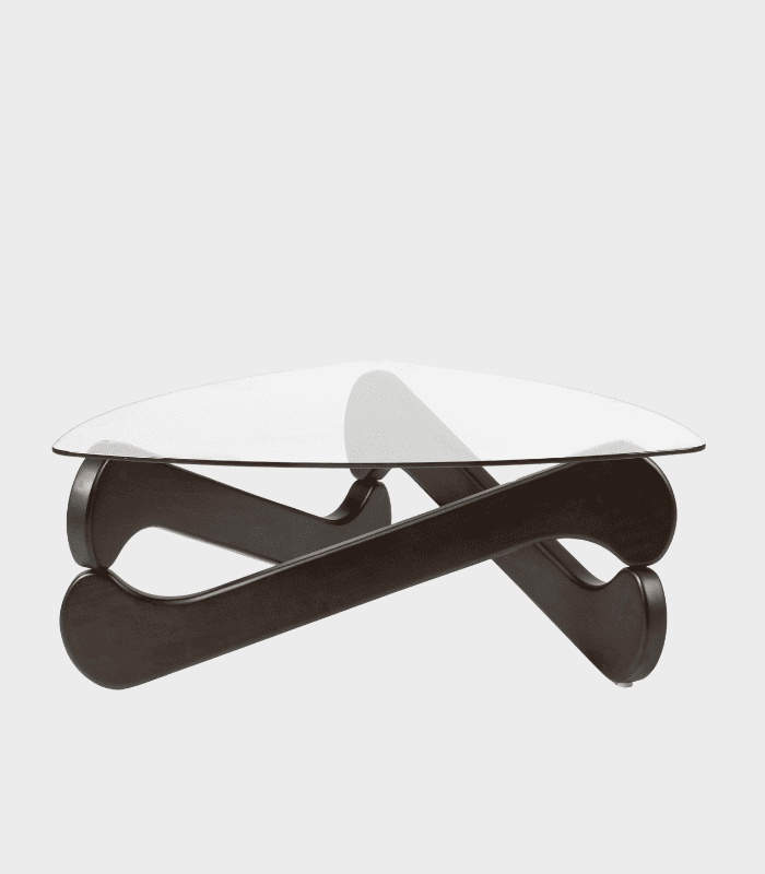 Válido para SEO: Mesa de centro moderna con tablero de cristal y base de madera oscura, ideal para decorar y complementar espacios de sala o oficina con estilo y funcionalidad.