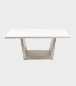 Pared de mesa de comedor moderna en color blanco con base de madera clara, ideal para decoración de interiores elegantes y funcionales en hogares y oficinas.