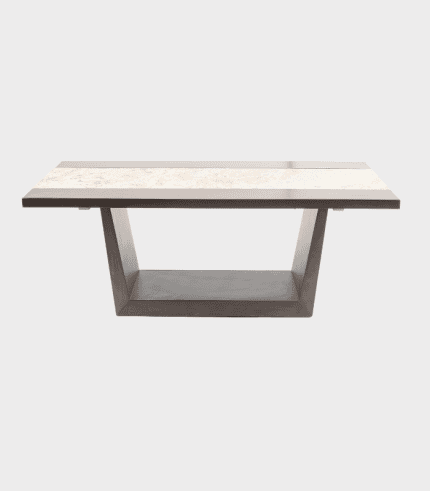 Mesa de comedor moderna con superficie de mármol y base de madera en color gris oscuro, perfecta para decorar y crear un espacio funcional.