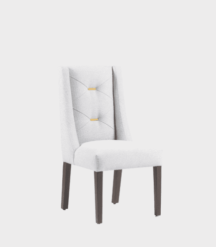 Silla moderna de comedor con tapizado en tela gris claro y patas de madera oscuras, perfecta para decorar tu comedor o sala de estar con estilo y comodidad.