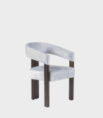 Silla moderna con estructura de madera y tapizado en tela gris claro, ideal para áreas de oficina o comedor, combina comodidad y estilo en cualquier espacio.