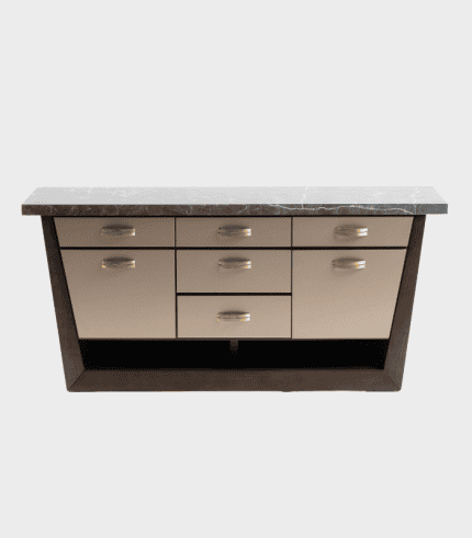 Mesa madera y mármol, muebles modernos, escritorios, decoración elegante y funcional para hogar u oficina, con diferentes compartimentos y cajones.