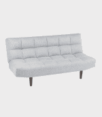 Sofá cama de tela gris claro con patas de madera en un ambiente moderno.