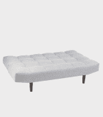 Sofá cama de estilo moderno en color gris claro con patas de madera oscura, ideal para espacios pequeños y multifuncionales, combina funcionalidad y diseño en decoración de hogares.