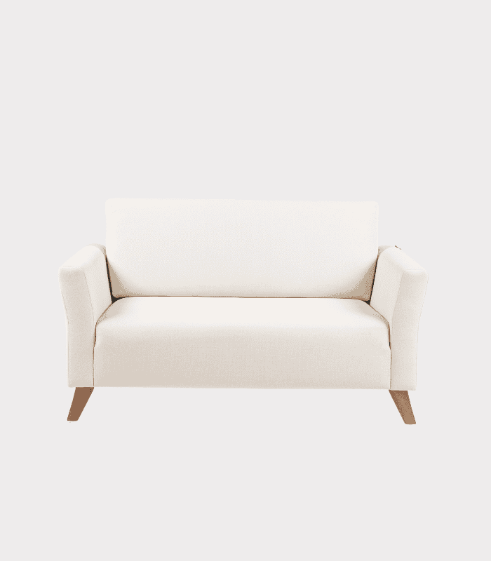 Sofá de color blanco, con diseño moderno y patas de madera, ideal para decorar salas y oficinas.