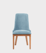 Silla moderna de madera con tapizado azul para comedor y oficina.