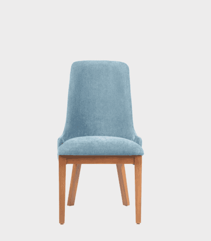 Silla moderna de madera con tapizado azul para comedor y oficina.