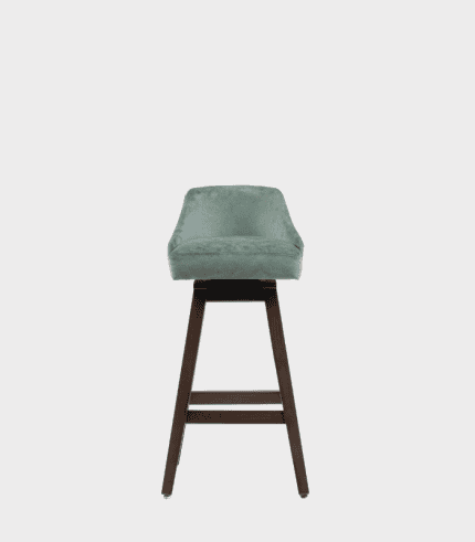 Taburete con asiento acolchado en color verde menta y base de madera oscura, ideal para decoraciones modernas y elegantes en zonas de descanso o comedor.