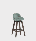 Barrera de bar con asiento tapizado en color verde menta y estructura de madera oscura, ideal para decorar y funcional para espacios de descanso o reunión.