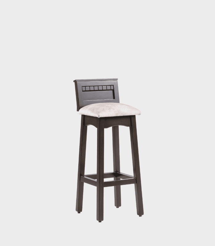 Barra de madera con asiento almohadillado y respaldo decorativo, ideal para bares y cocinas modernas.