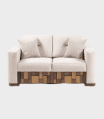 Sofá beige con cojines y detalles de madera en la base, ideal para decoración y comodidad en el hogar.