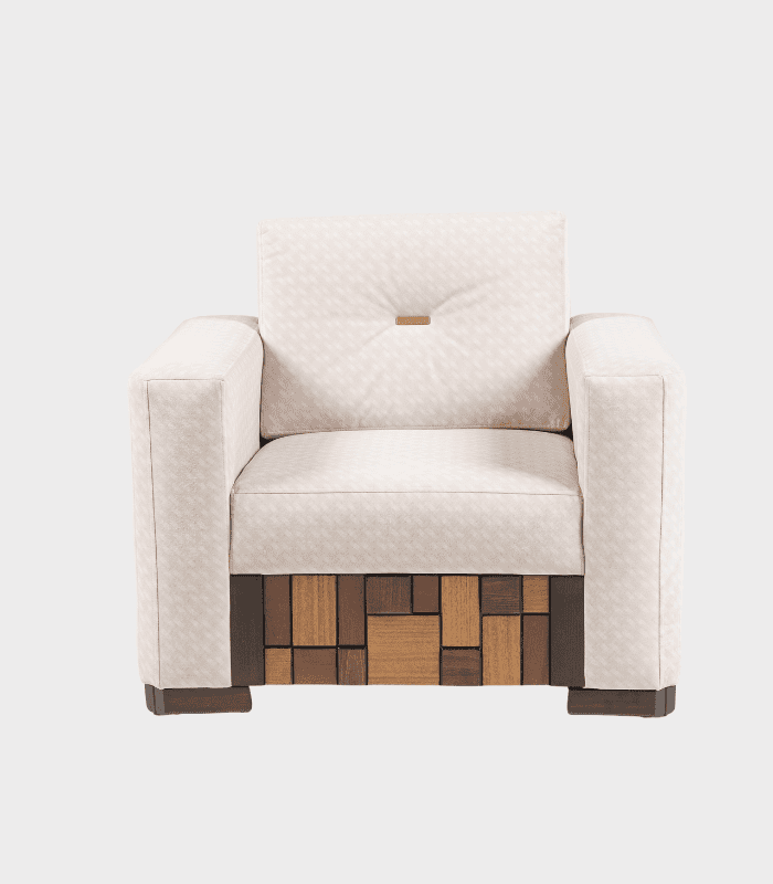 Sofá de estilo contemporáneo con estructura de madera y cojines tapizados en tela blanca, ideal para decorar salas con mobiliario moderno y elegante.