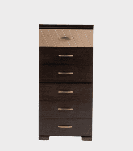 Archivador con diseño de lujo en madera oscura y detalles decorativos en la parte superior.