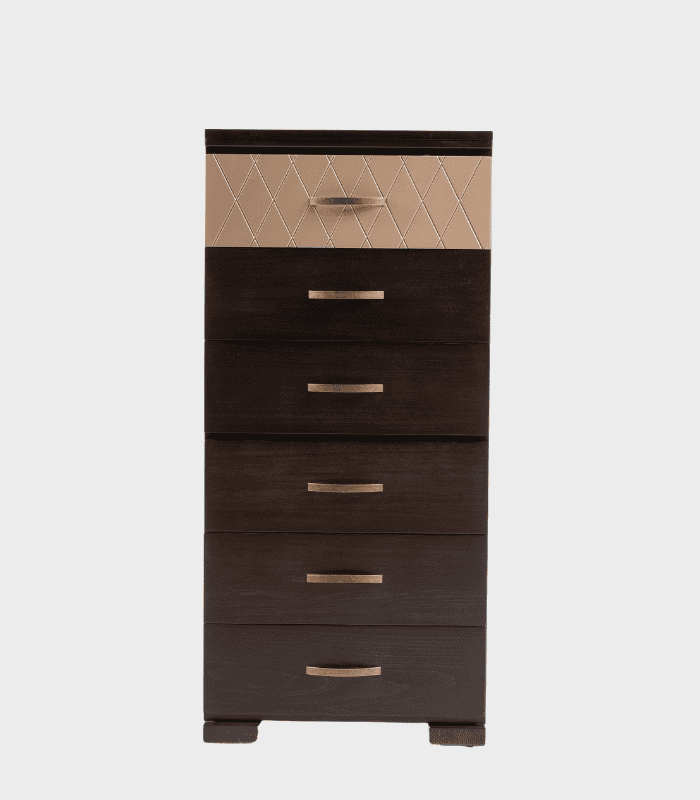Archivador con diseño de lujo en madera oscura y detalles decorativos en la parte superior.