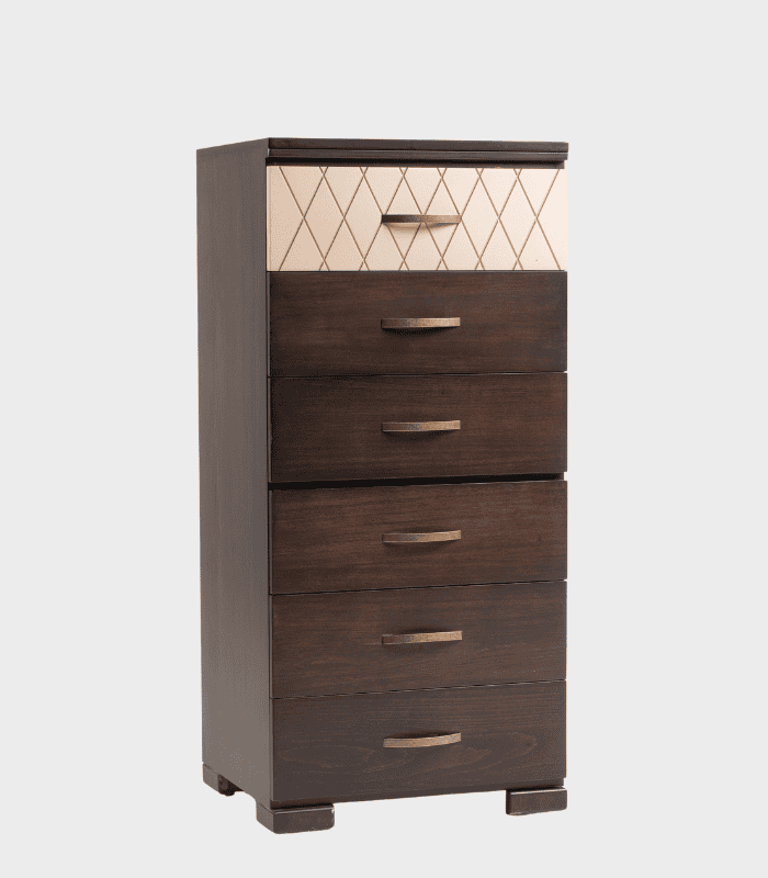Polea de madera y tapizada en tonos claros y oscuros, con múltiples cajones para almacenamiento. Ideal para complementar la decoración y el mobiliario de tu hogar u oficina.