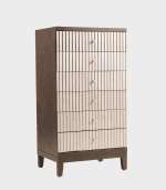 Zebra drawer cabinet with vertical ridges, tall modern storage furniture in beige and dark brown wood tones.