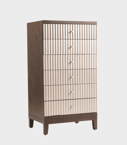 Zebra drawer cabinet with vertical ridges, tall modern storage furniture in beige and dark brown wood tones.