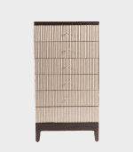 Beige vertical striped dresser with dark brown accents, featuring multiple drawers for storage. Perfect for modern bedrooms or living spaces, combining style and functionality.