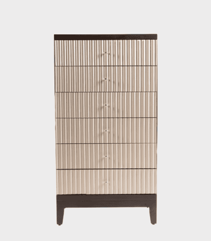 Beige vertical striped dresser with dark brown accents, featuring multiple drawers for storage. Perfect for modern bedrooms or living spaces, combining style and functionality.