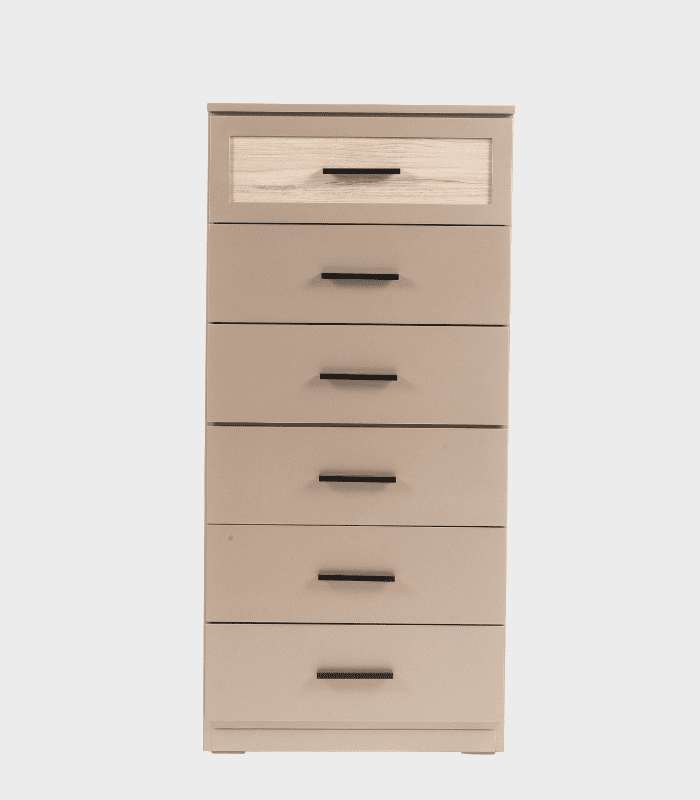Armario con seis cajones y un dispensador en la parte superior en color beige claro.