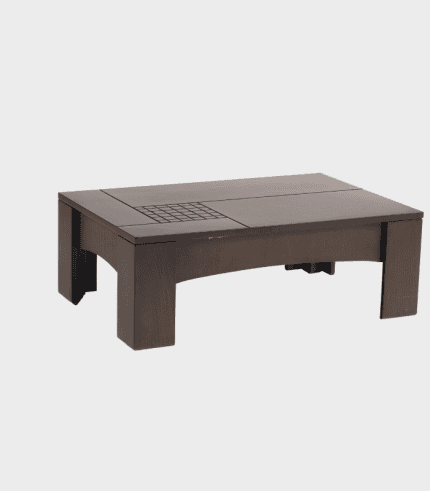 MESA DE MADERA OSCURA CON DETALLES DE DISEÑO, IDEAL PARA ESCRITORIOS Y ÁREAS DE TRABAJO MODERNAS.