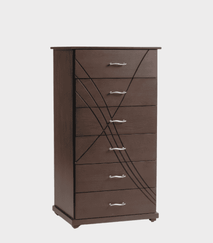 Armario de madera con líneas decorativas negras y tiradores plateados, ideal para almacenamiento en dormitorios u oficinas.