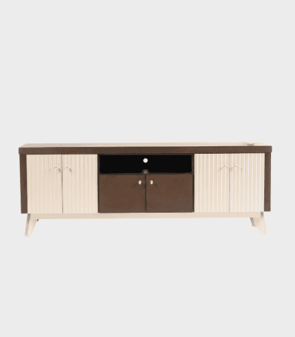 Mueble de Zona Muebles con varios cajones y puertas en tonos beige y marrón, ideal para sala o estudio.