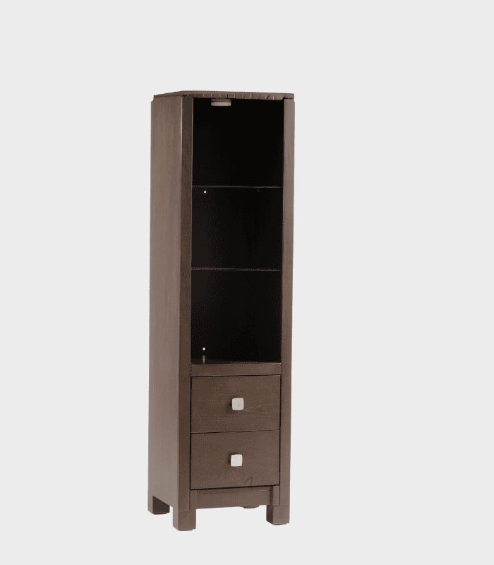 Mueble de madera en acabado oscuro con estantes y dos cajones en la parte inferior, ideal para oficina o sala de estar.