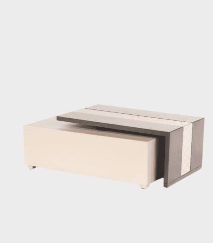 Moderno y elegante conjunto de mesas y estanterías de madera en tonos neutros, ideal para oficinas y espacios de trabajo bien decorados.