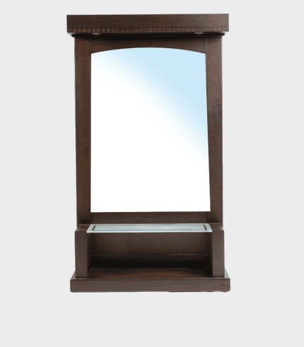 Espejo de madera con estante inferior, ideal para mobiliario de salón o entrada. Diseño elegante y funcional que combina con diferentes estilos de decoración.