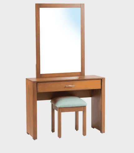 Mueble de madera con espejo y taburete, ideal para dormitorios y espacios de decoración, combina funcionalidad y estilo en un solo diseño elegante.