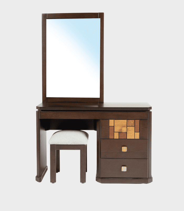 Espejo y mueble de maquillaje de madera oscura con espejera grande, cajones y asiento acolchado, perfecto para decorar y organizar un espacio de belleza en casa.